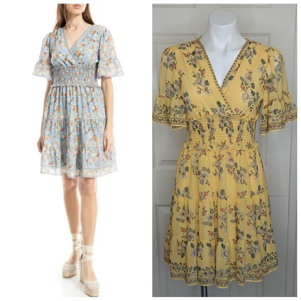 Max Studio yellow floral smocked waist flutter sleeve dress sz XS NWT